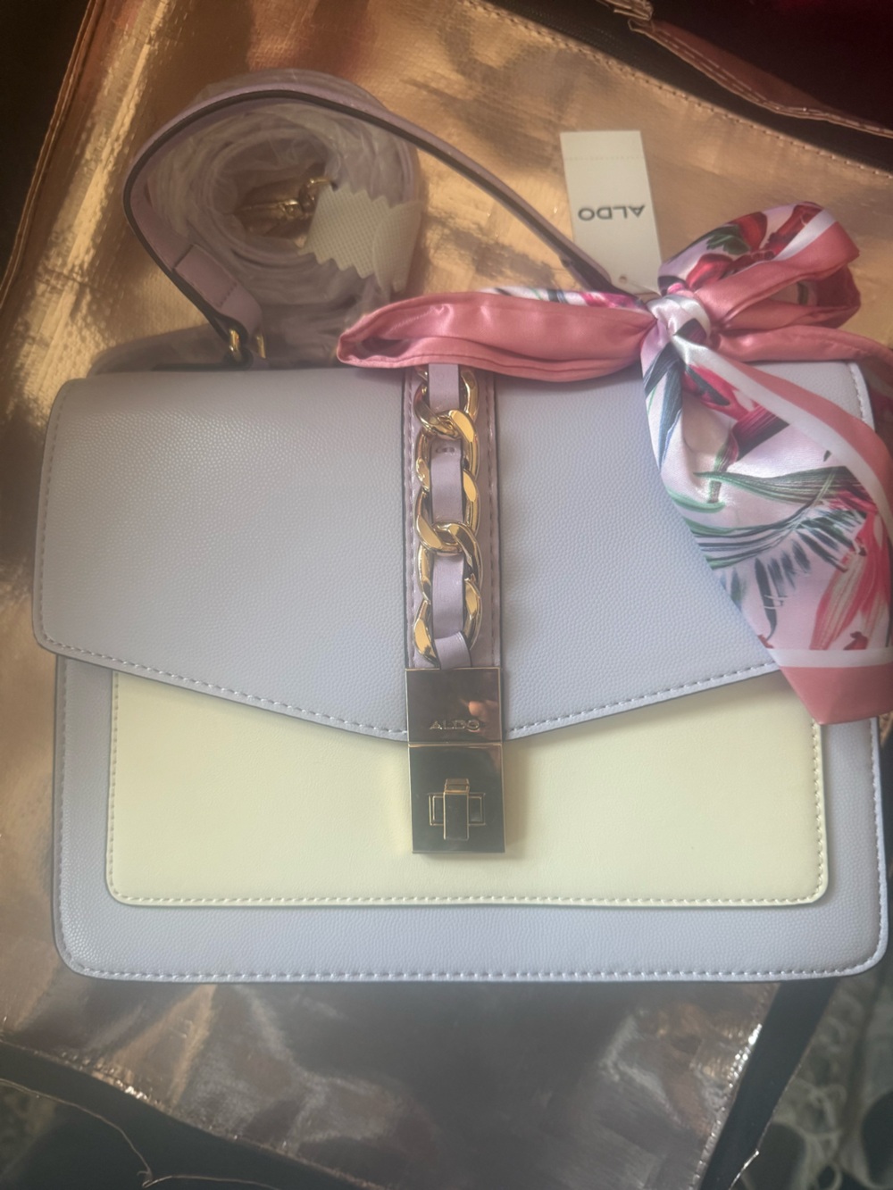 ALDO Lavender and Cream Two-Tone Crossbody Bag with Floral Scarf
